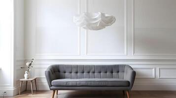 scandinavisch geïnspireerd minimalistische leven kamer met grijs sofa en wolk hanger licht foto