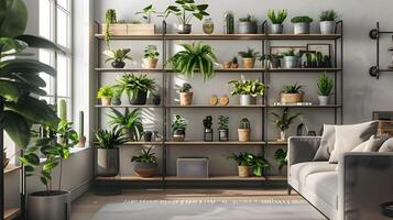 Scandinavische stijl leven kamer verhoogd met industrieel rekken boordevol met bloeiend kamerplanten foto