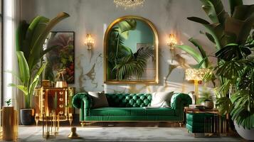 weelderig leven kamer vignet met een groen fluweel sofa en goud accenten in maximalistisch interieur ontwerp foto