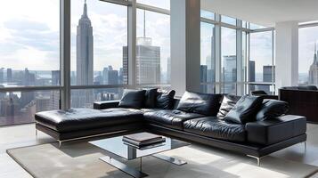 elegant zwart leer sofa siert een hoogwaardig nieuw york stad appartement met adembenemend horizon visie foto