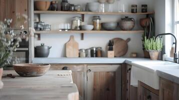 rustiek boerderij keuken met warm hout en koel kwarts werkbladen rustig Scandinavisch Koken milieu foto