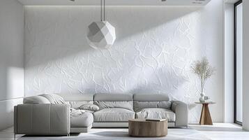 minimalistische leven kamer met getextureerde muur en meetkundig hanger licht foto