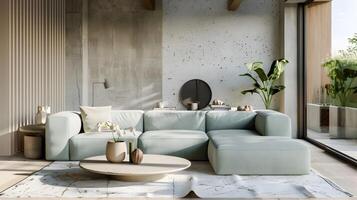 modern leven kamer met licht blauw sofa en zacht zeeschuim groen accenten aanbieden kalmte en balans foto