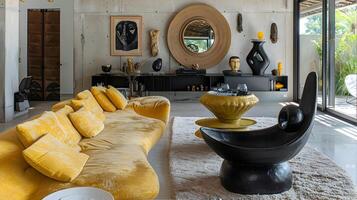 luxe leven kamer met afrikaans geïnspireerd sculpturen en levendig geel fluweel sofa foto
