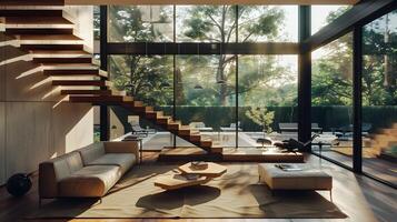 minimalistische leven kamer met drijvend trappenhuis koestert zich in zonlicht en natuurlijk omgeving foto