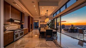 luxe keuken in hoogbouw penthouse aanbieden verbijsterend zonsondergang visie van las vegas stadsgezicht foto