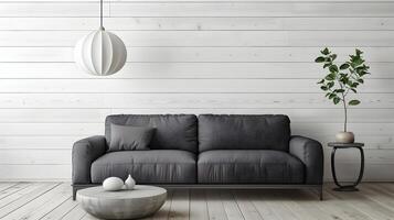 minimalistische modern leven kamer scandinavisch geïnspireerd ontwerp met houtskool sofa en hanger licht foto