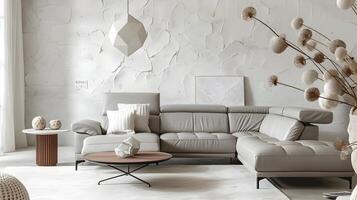 minimalistische leven kamer ontwerp met licht grijs leer sofa en wit getextureerde muur in modern Scandinavisch stijl foto