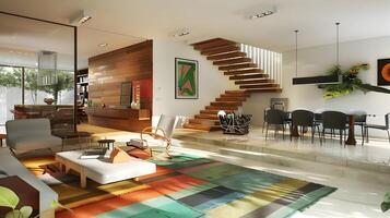 munt groen modern leven ruimte met gelakt okkernoot trappenhuis en Open concept ontwerp foto