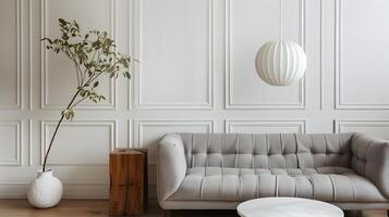 minimalistische appartement elegant grijs sofa onder wit panelen en hanger licht met groen foto