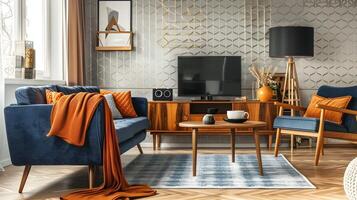 midden in de eeuw modern leven kamer met retro blauw tweed sofa en meetkundig behang foto