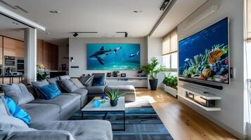 modern leven kamer met onderwater- tafereel Aan groot TV scherm in een helder en knus ruimte foto