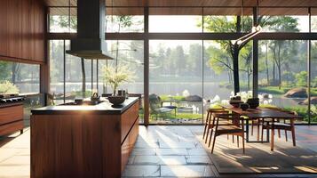 midden in de eeuw modern keuken met uitzicht een vredig meer in de mand in warm zonlicht foto