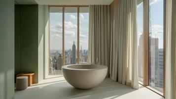 minimalistische badkamer ontwerp met bolvormig kuip met uitzicht nieuw york stad horizon foto