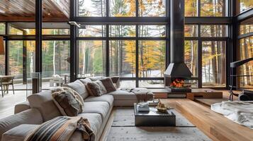 modern cabine in bossen harmonisch binnen- comfort en buitenshuis natuur in herfst foto