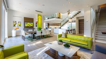 limoen groen couches anker modern Open concept leven kamer met trappenhuis en keuken foto