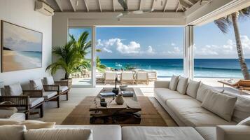 modern caraïben strand huis elegant leven kamer genieten in oceaan vergezichten foto