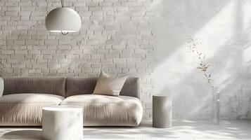 minimalistische nordic leven kamer met wit steen muur en pluche grijs bankstel genieten in natuurlijk licht foto