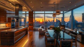 hoog fantasie penthouse in nieuw york stad met verbijsterend zonsondergang visie door vloer tot plafond ramen foto