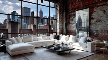 modieus stedelijk zolder in nieuw york met ruim wit sofa en adembenemend stad visie door expansief ramen foto