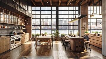 industrieel keuken in nieuw york stad presentatie van teruggewonnen hout oppervlakken en panoramisch keer bekeken foto