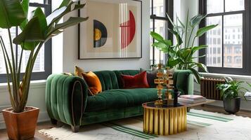 smaragd groen fluweel sofa in kunst deco-geïnspireerd nieuw york zolder verbeterd met levendig kamerplanten en abstract artwork foto