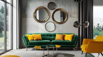 smaragd groen sofa sieren een modern leven ruimte met circulaire spiegels en strak decor foto