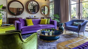 elegant modern leven kamer met pluche Purper sofa en levendig groen fauteuils genieten in natuurlijk licht foto