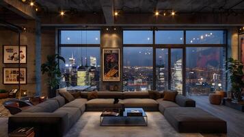 industriële stijl appartement leven kamer in nieuw york met stad lichten visie foto