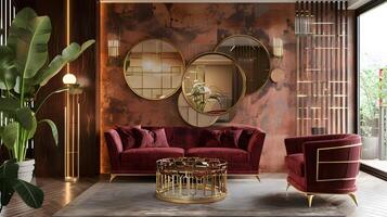 elegant leven kamer met stoutmoedig bordeaux fluweel sofa en koper muur spiegels in modern interieur ontwerp foto