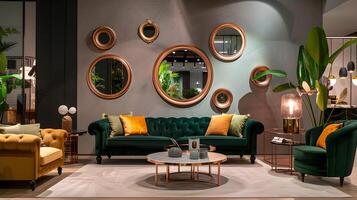 elegant groen fluweel sofa in luxueus interieur ontwerp tentoonstelling staan Bij milaan arthorseum eerlijk foto