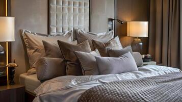elegant luxe beddengoed in kunst deco geïnspireerd kamer met fluweel kussens en meetkundig lijnen foto