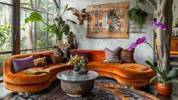 eclectisch boho leven kamer ruim gebogen oranje fluweel sofa temidden van weelderig groen en levendig textiel foto