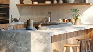 grijs marmeren keuken aanrecht met hout accenten en slim spreker in Scandinavisch stijl foto