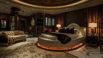 voortreffelijk upscale suite weelderig circulaire bed en luxueus ontwerp elementen in een meester slaapkamer oase foto