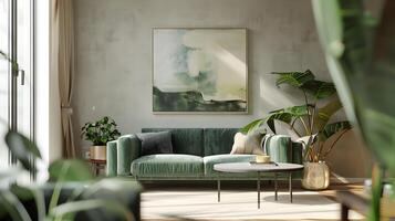 groen fluweel sofa badend in natuurlijk licht siert een minimalistische leven kamer met beton muur kunst foto