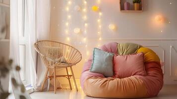 kleurrijk ronde Boon zak stoel in pastel versierd kamer met fee lichten creëren een knus sfeer foto