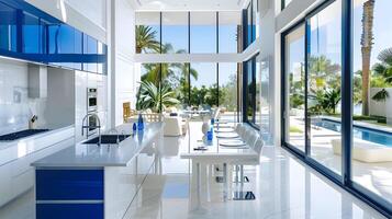 stoutmoedig saffier getint eiland keuken in een modern blauw en wit herenhuis met weelderig tuin blootstelling foto