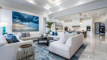 kust- zonsondergang geïnspireerd leven kamer in upscale Florida huis met modern meubilair en abstract muur kunst foto