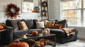 herfst harmonie knus leven kamer decor met pompoenen en plaid kussens Aan een grijs bankstel foto