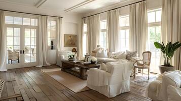 helder en elegant boerderij leven kamer met teruggewonnen eik koffie tafel en zacht wit linnen meubilair foto