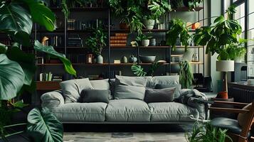 ontwaken zintuigen in een knus industrieel leven kamer gevulde met weelderig groen planten en grijs sofa foto