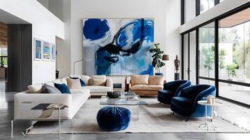 blauw abstract kunst sieren modern luxe leven kamer in een weelderig huis foto