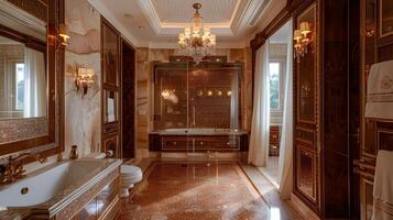 een chique badkamer uitstralend overdadig ontwerp elementen en weelderig sfeer in een Italiaans villa een fotografie perspectief foto
