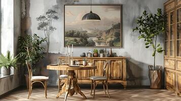 wijnoogst dining kamer inspiratie verontrust houten dressoir en klassiek landschap kunst foto