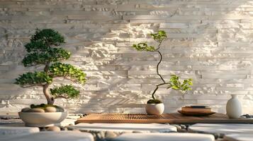 zen-doordrenkt huis stil zone met een vredig bamboe bureau en rustig bonsai boom arrangement Aan een getextureerde steen muur foto