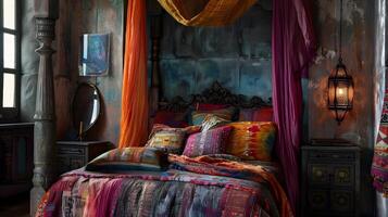 Boheems luifel bed versierd met levendig tie-dye linnengoed in een eclectisch globetrotter slaapkamer foto