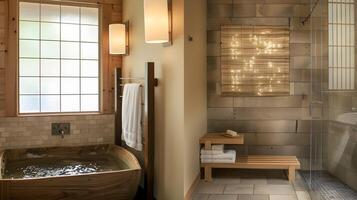 zen Japans badkamer ontwerp een ceder weken kuip oase van kalmte en modern luxe foto