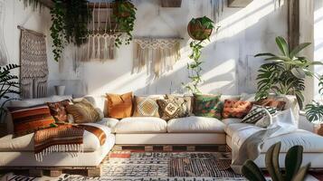 Boheems leven kamer ontspannen ruimte gevulde met wit muur ophangingen en groen foto