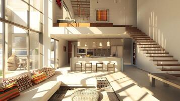 boho modern huis interieur met dubbele hoogte plafonds en zonovergoten keuken foto